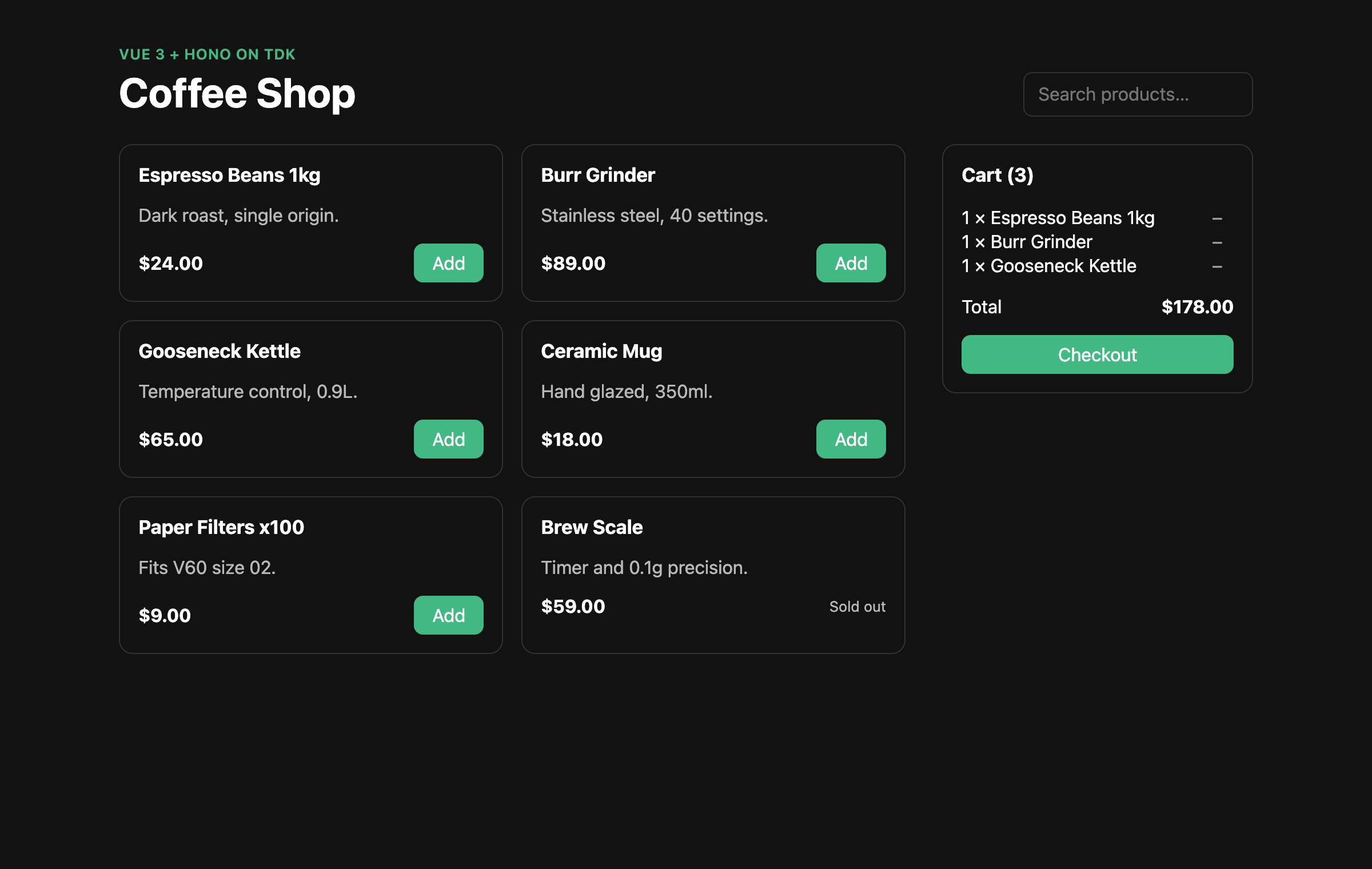 The coffee shop storefront with three items in the cart