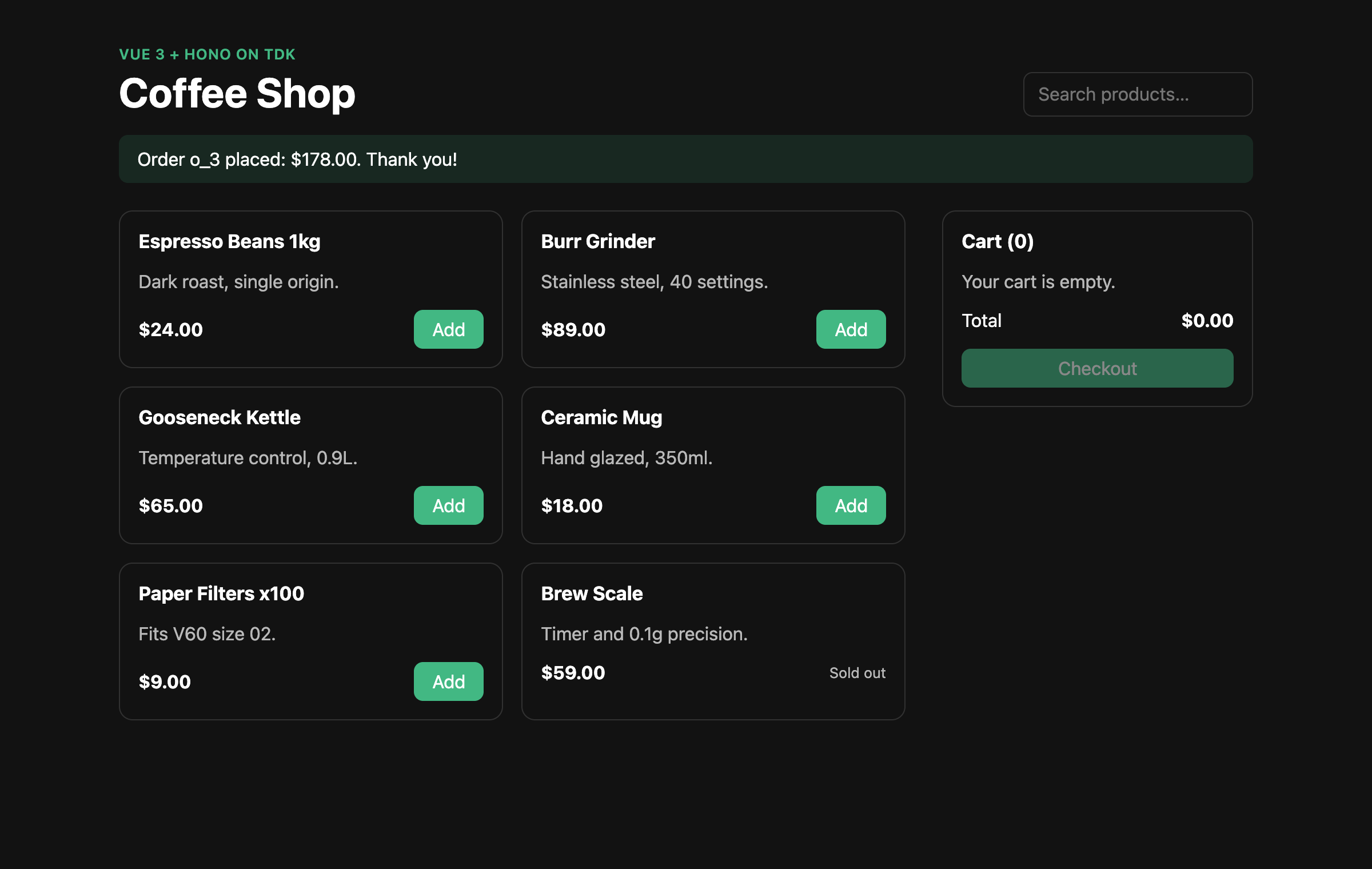 The storefront after checkout, showing the order confirmation