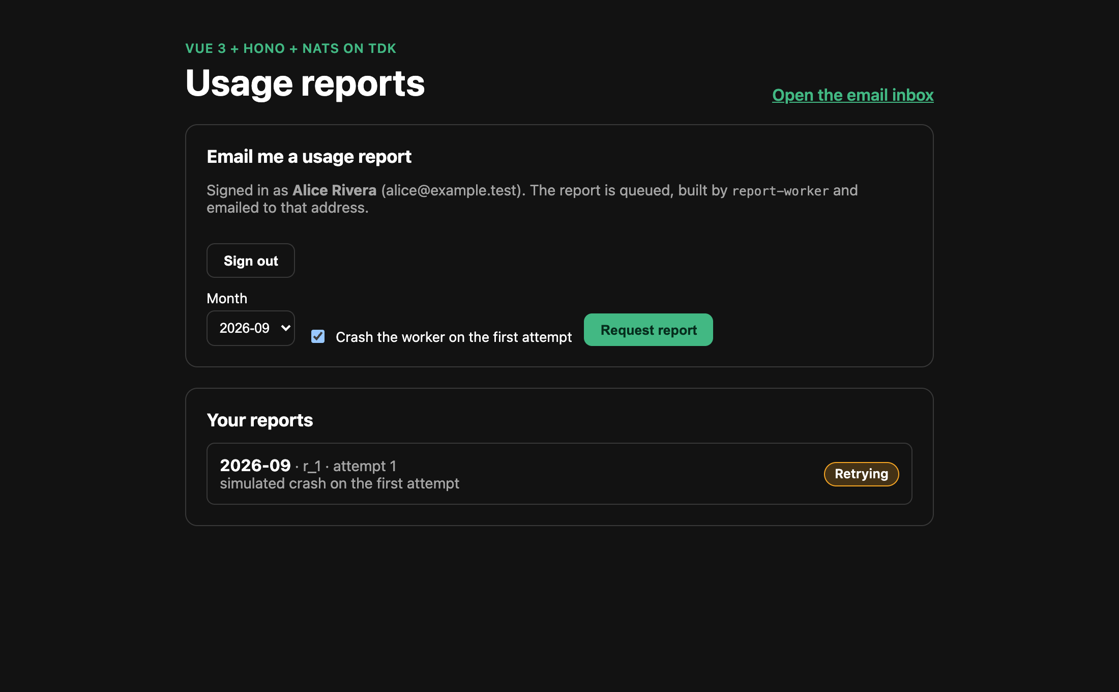 The report shown as Retrying after the worker crashed on its first attempt